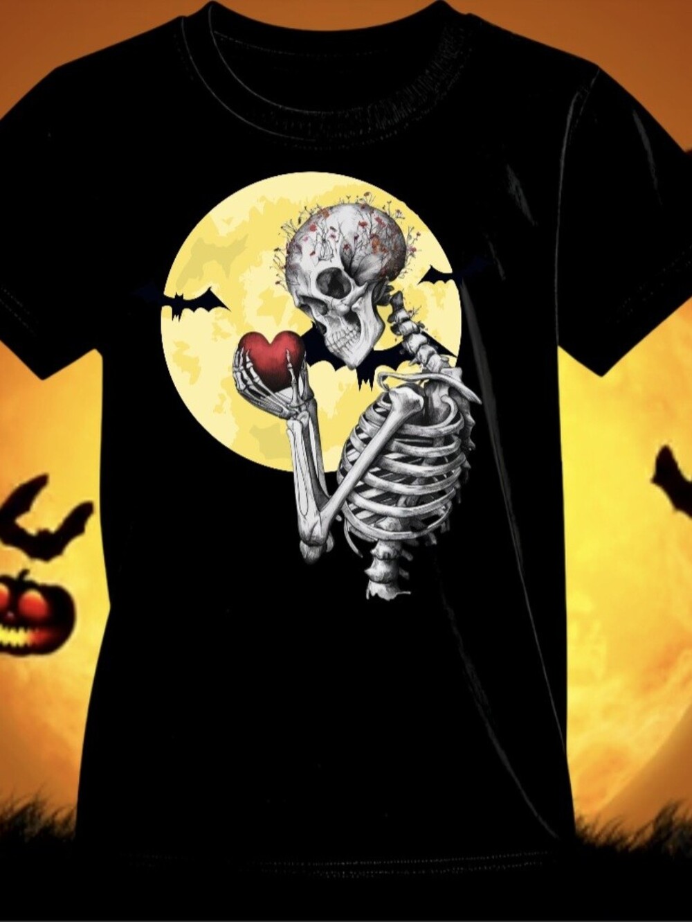 Gothic Skeleton Red Heart Graphic Tee Hand Crystals